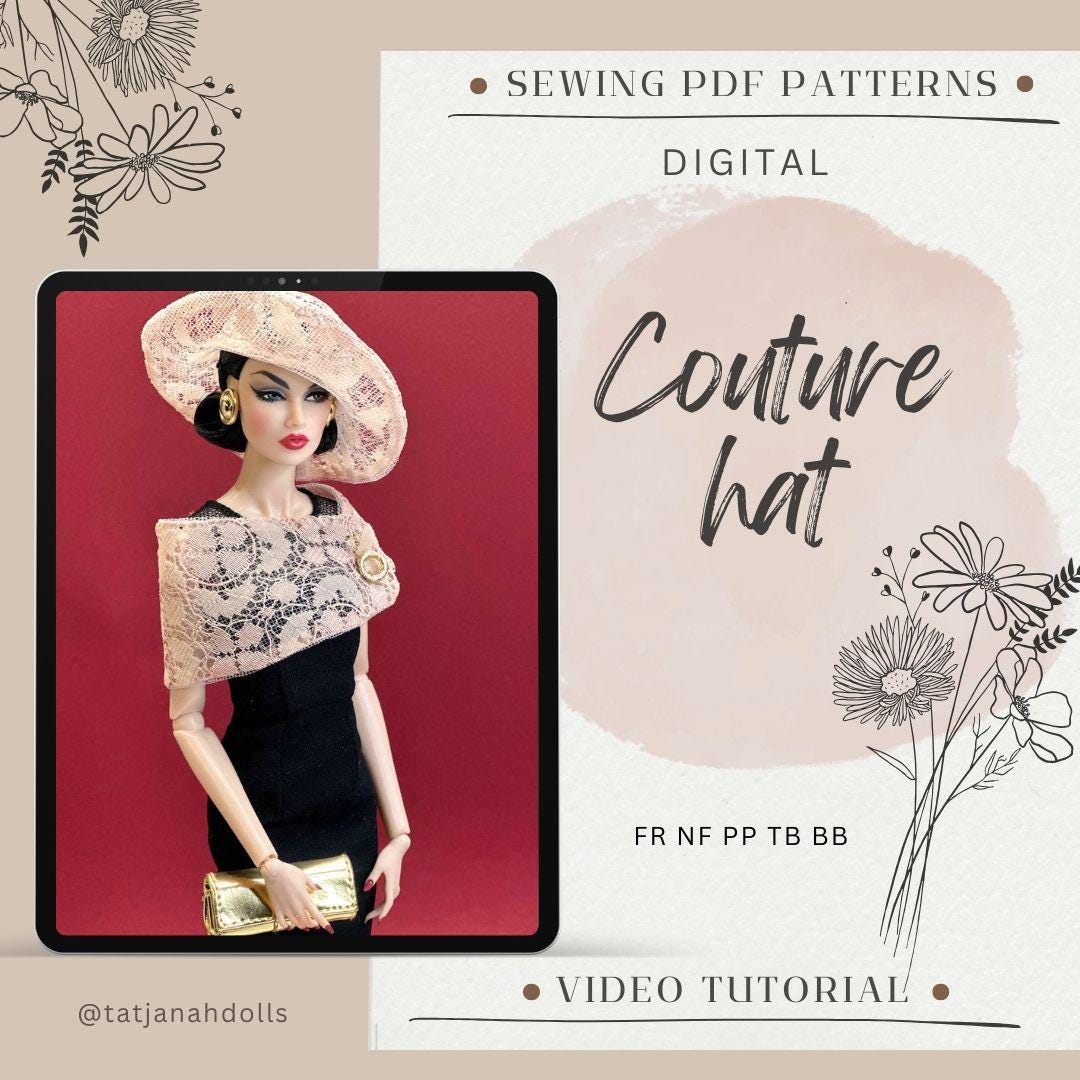 PDF Digital Pattern couture hat for BB &amp; Integrity toys dolls. VIDEO tutorial.