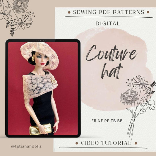 PDF Digital Pattern couture hat for BB &amp; Integrity toys dolls. VIDEO tutorial.