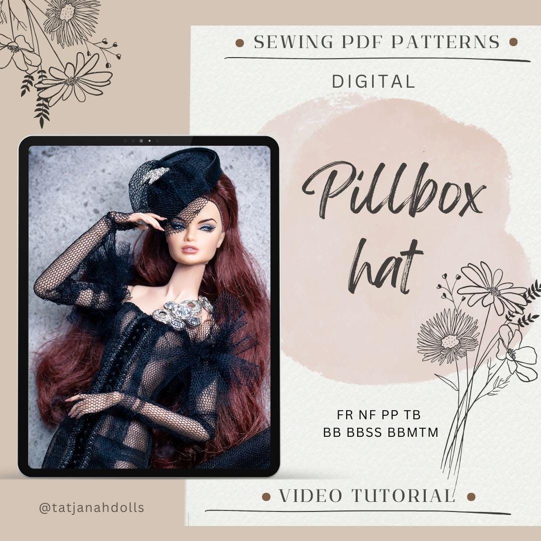 PDF Digital Pattern pillbox hat for BB &amp; Integrity toys dolls. VIDEO tutorial.