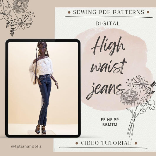 PDF Digital Pattern high waist jeans for BB &amp; Integrity toys dolls. VIDEO tutorial.