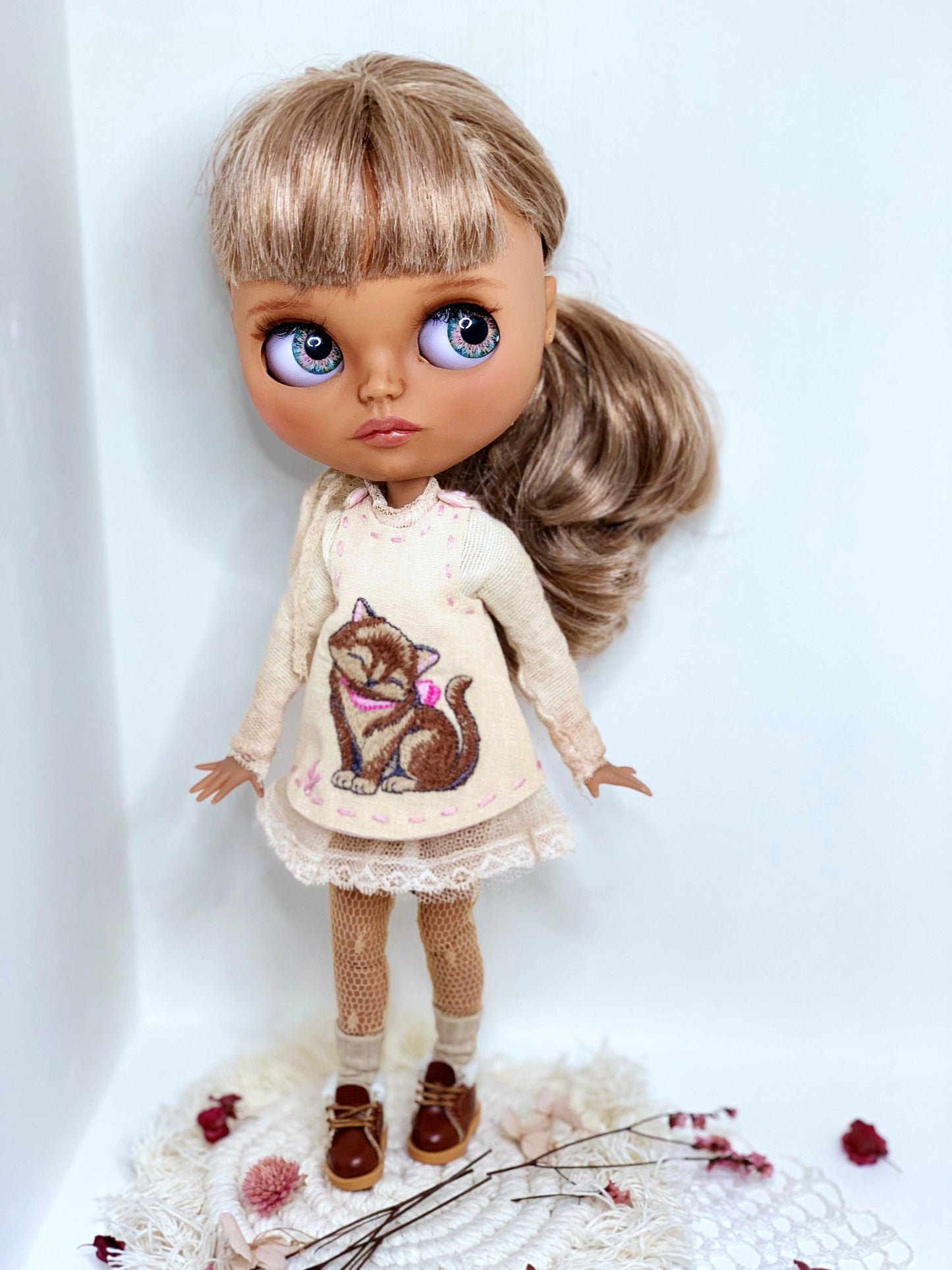 Dress for Blythe Doll 1/6. Doll dress with embroidery. Vintage-style slip.