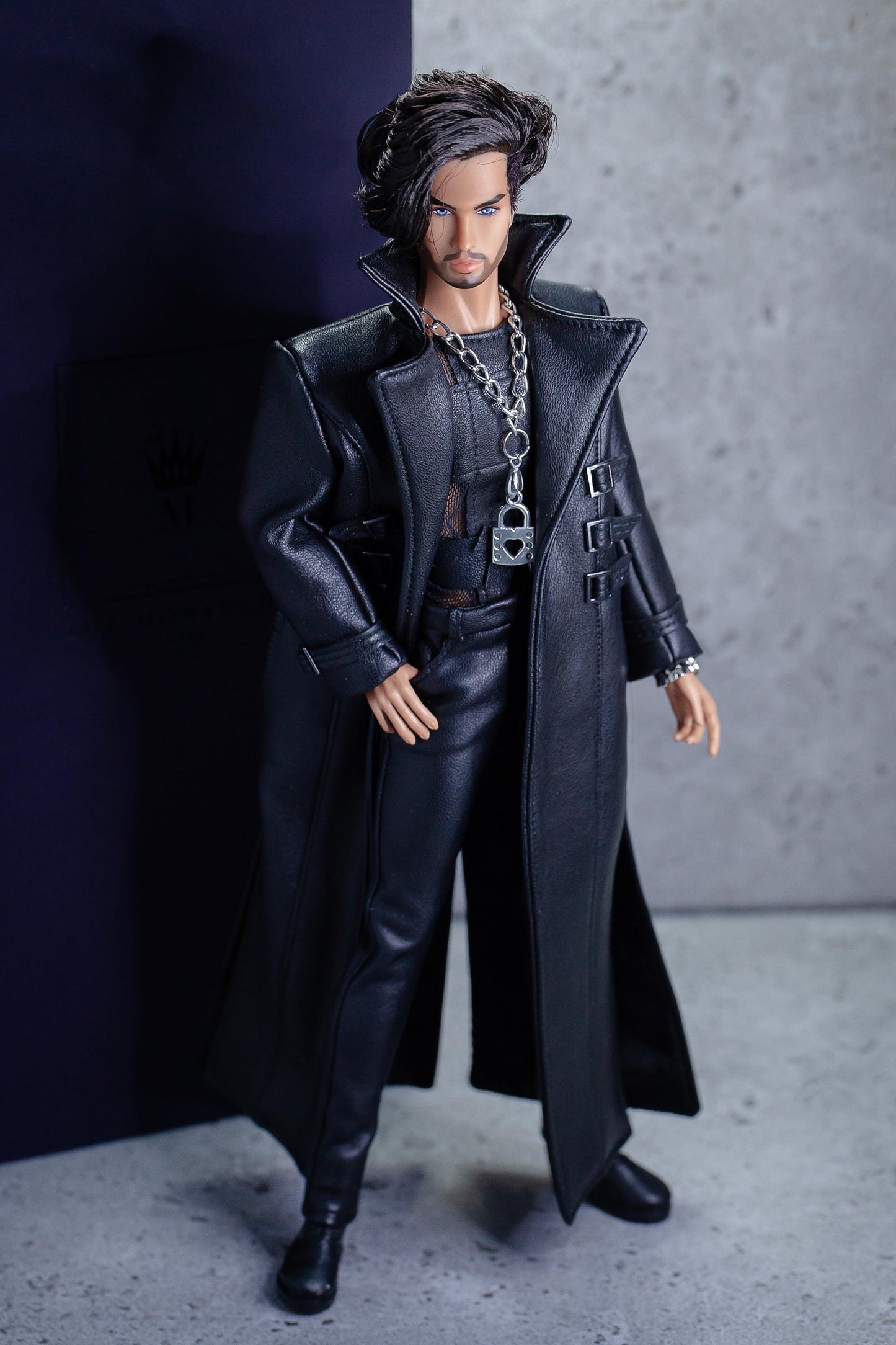 Leather outfit for FR Homme Integrity toys fashion royalty male doll. Long trench coat.