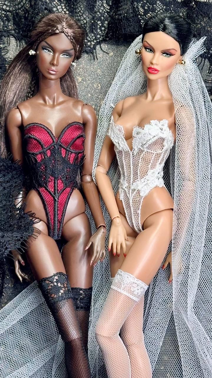 Elegant lingerie sets for Fashion Royalty &amp; Nu Face dolls. Body corset with stockings