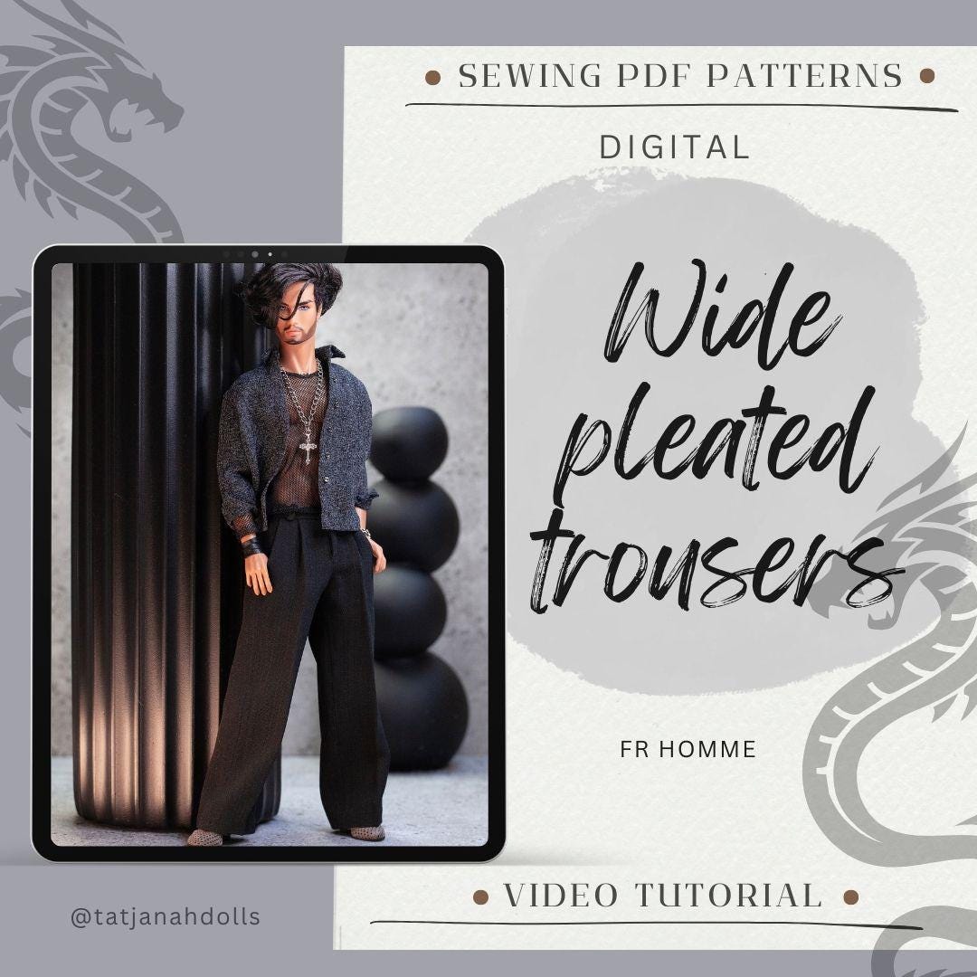 PDF Digital Pattern wide pleated trousers pants for male FR HOMME doll Integrity toys.