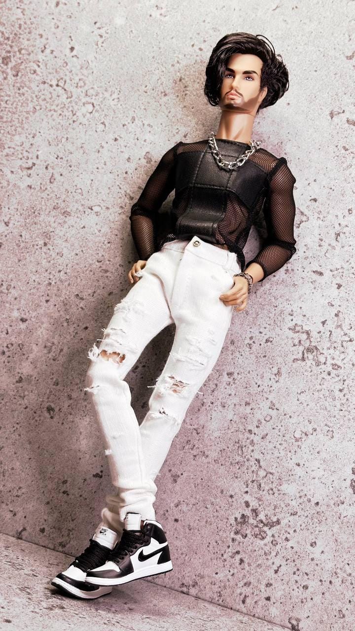 PDF Digital Pattern skinny jeans for male FR HOMME Monarch doll Integrity toys. With realistic pockets and zipper. Video.