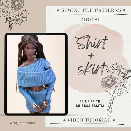 PDF Digital Pattern shirt + skirt for Fashion Royalty Nu Face Integrity toys and BB dolls. YouTube VIDEO tutorial.