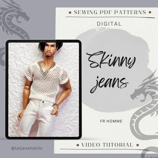 PDF Digital Pattern skinny jeans for male FR HOMME Monarch doll Integrity toys. With realistic pockets and zipper. Video.