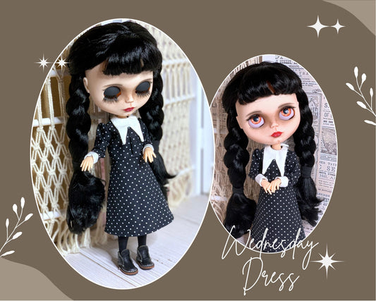 Black Wednesday Dress for Blythe Doll 1/6 Doll Dress with Collar. Clothes for Dolls