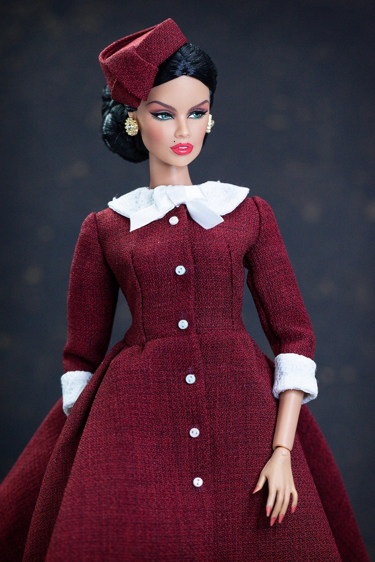 Christmas dress with hat for Integrity Toys Poppy Parker Fashion Royalty Nu Face Tulabelle dolls.