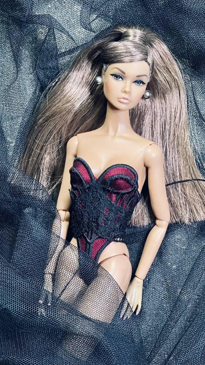 Elegant lingerie sets for Fashion Royalty, Nu Face, and Poppy Parker dolls. Body corset with stockings