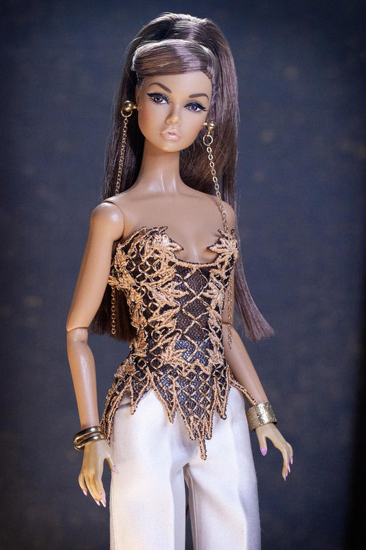 Handmade embroidered corset and flared trousers for Fashion Royalty and Poppy Parker - Integrity Toys dolls