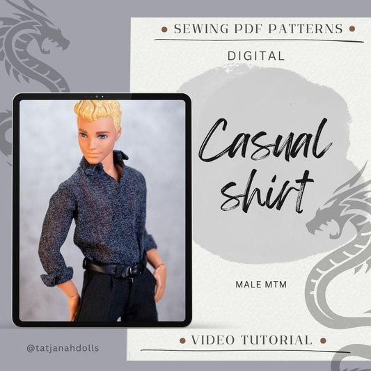 PDF Digital Pattern casual shirt for 1:6 12" male MTM fashion doll. Video tutorial.