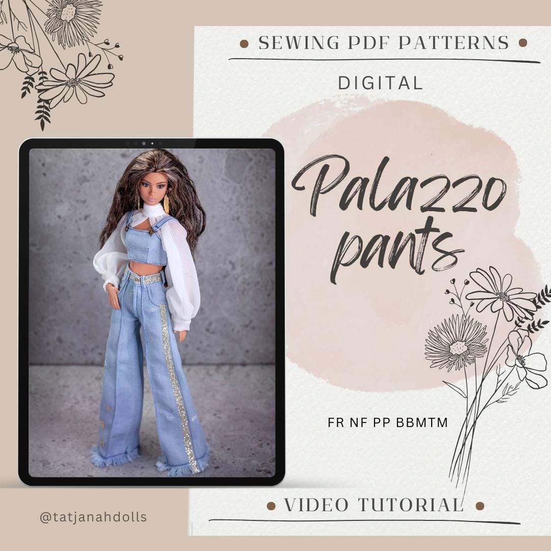 PDF Digital Pattern palazzo jeans pants for BB MTM &amp; Integrity toys dolls. Video tutorial.