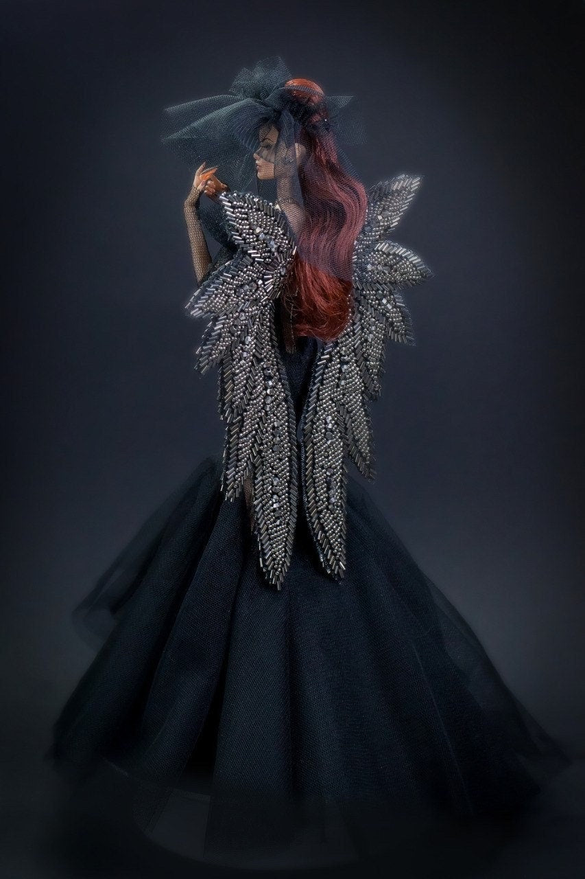 Dark Angel dress with wings for Integrity toys Fashion Royalty Nu Face Poppy Parker dolls.