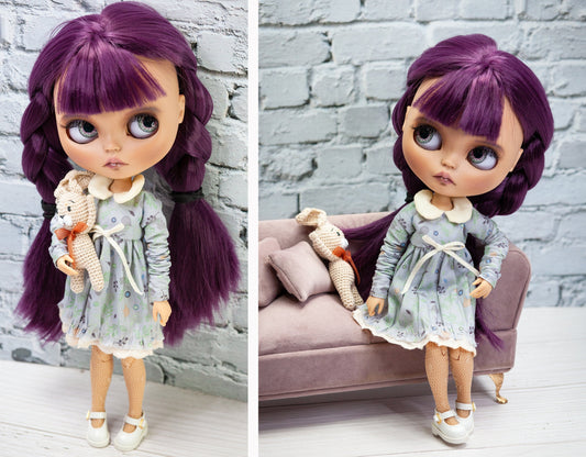 Dress for Blythe Doll. 1:6 doll outfit with collar, gray, blue, beige.