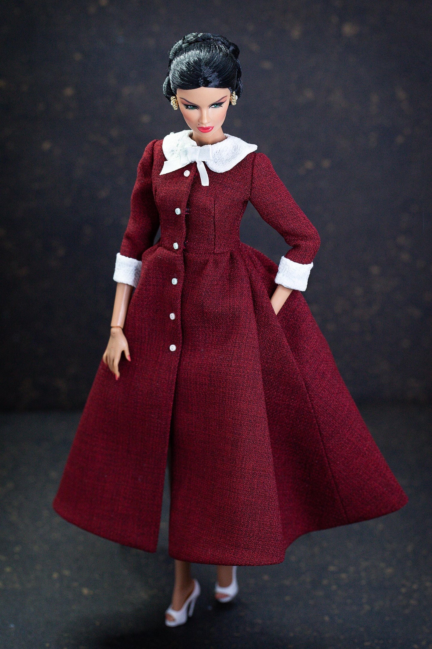 Christmas dress with hat for Integrity Toys Poppy Parker Fashion Royalty Nu Face Tulabelle dolls.