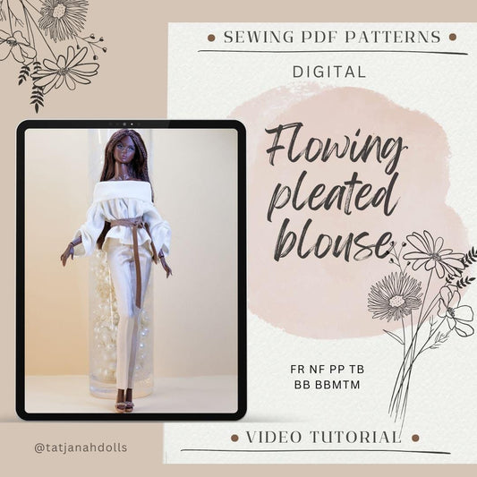 PDF Digital Pattern flowing pleated blouse for BB &amp; Integrity toys dolls. VIDEO tutorial.