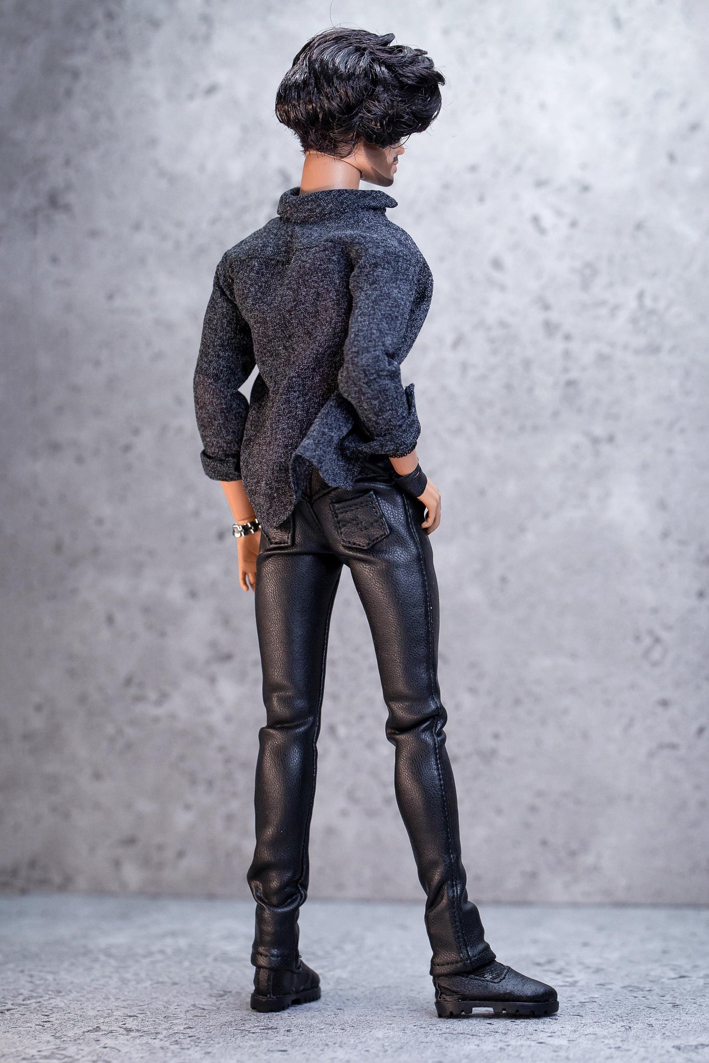 Leather outfit for FR Homme Integrity Toys male doll. Pants, mesh top, and shirt.