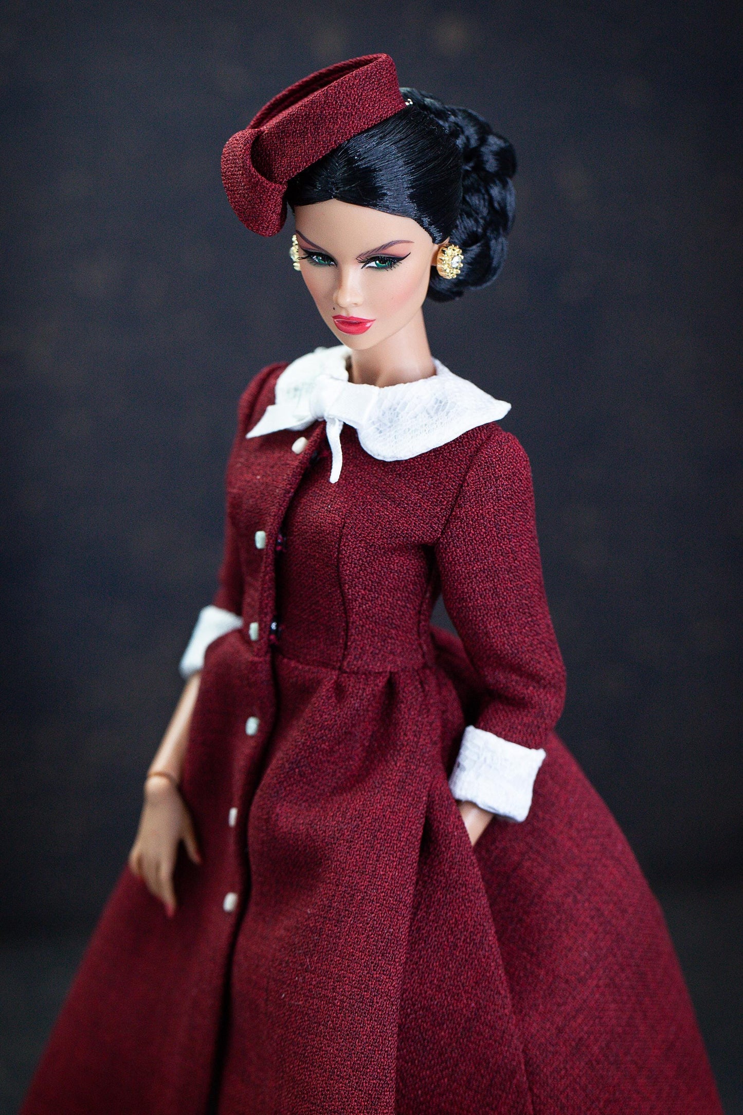 Christmas dress with hat for Integrity Toys Poppy Parker Fashion Royalty Nu Face Tulabelle dolls.