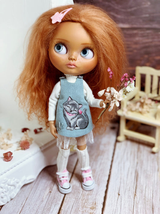 Dress for Blythe Doll 1/6 doll dress with embroidery. Turtleneck sweater, petticoat. Doll clothes.