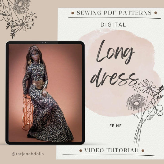 PDF Digital Pattern long dress + belt for Fashion Royalty Nu Face doll Integrity toys. Video tutorial.