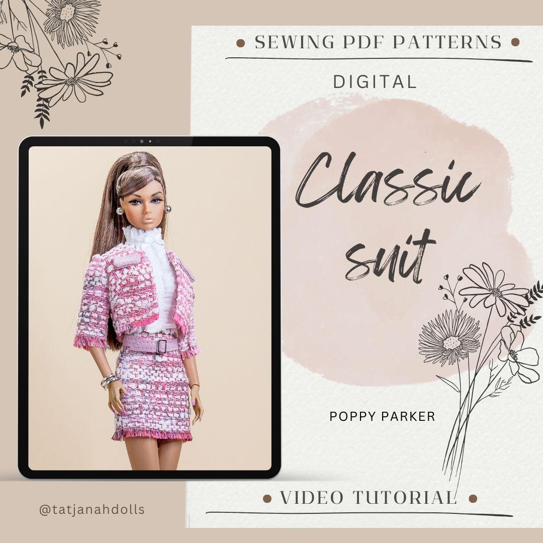 PDF Digital Pattern classic suit for Poppy Parker Integrity toys. VIDEO tutorial.