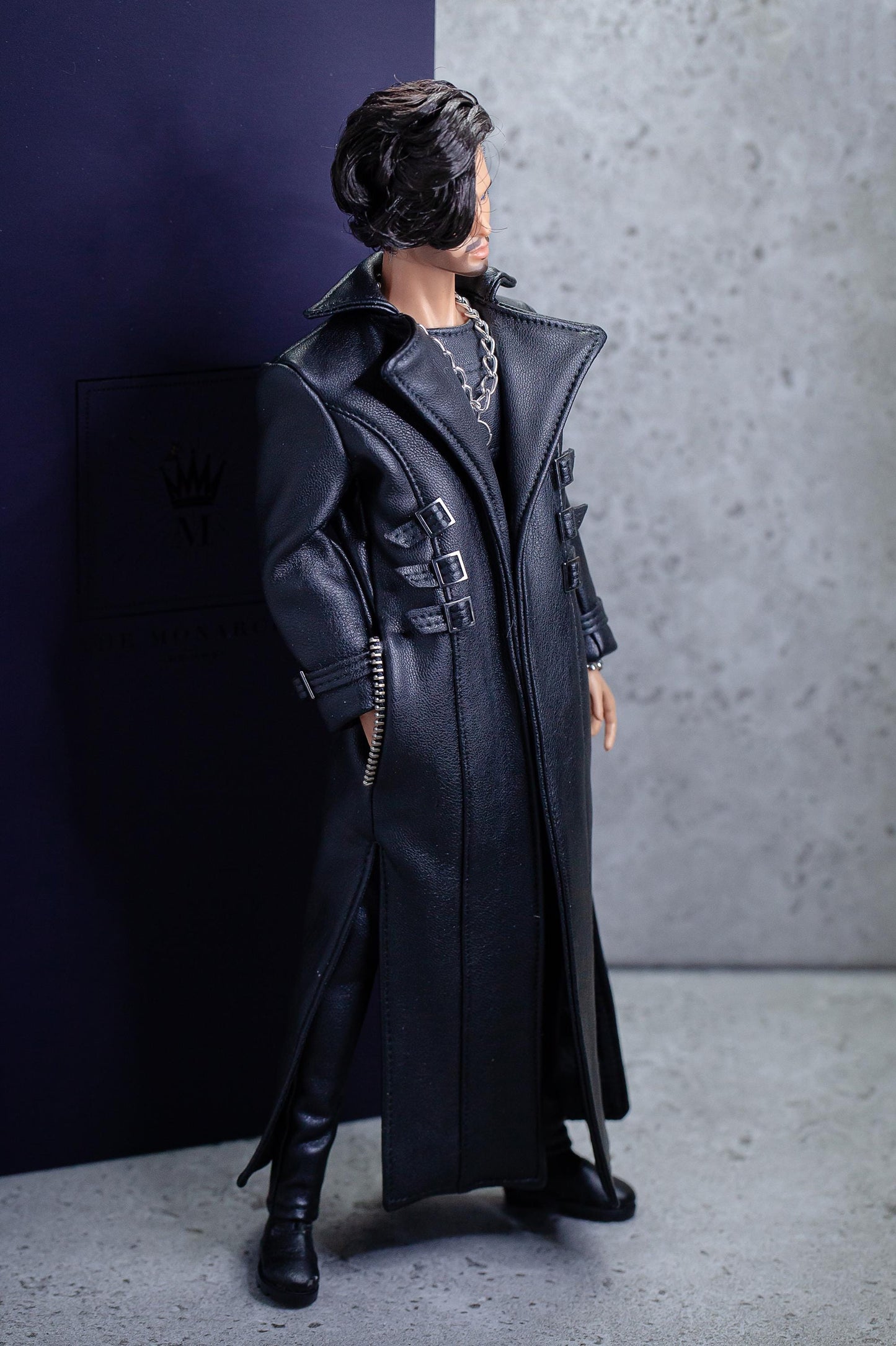 Leather outfit for FR Homme Integrity toys fashion royalty male doll. Long trench coat.