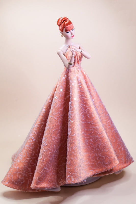 Peach glitter dress for Integrity toys Fashion Royalty Nu Face Poppy Parker dolls.