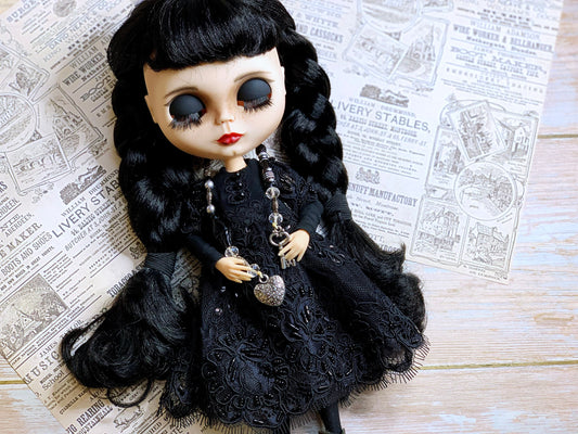 Black ball gown for Blythe Doll. 30 cm doll dress with pearls. Dress for Wednesday doll.