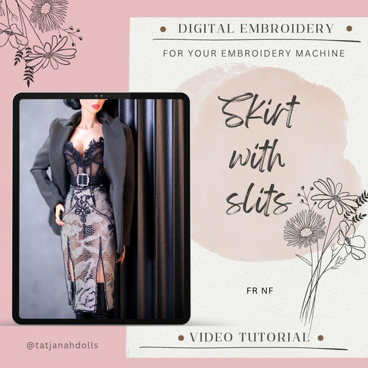 Digital Embroidery &amp; Sewing Pattern – skirt with slits for Fashion Royalty, Nu Face Dolls
