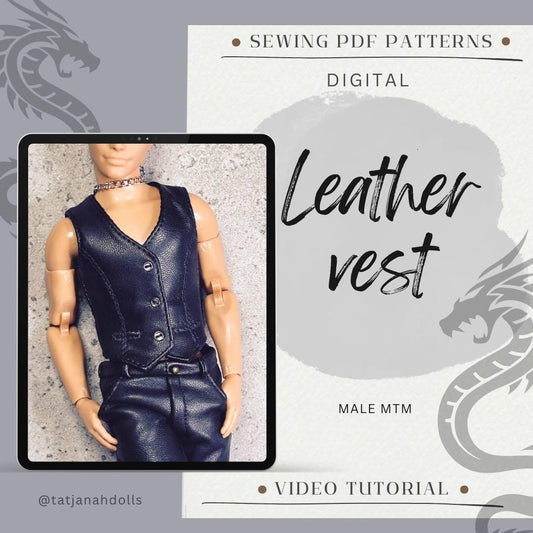 PDF Digital Pattern leather vest for 1:6 12" male MTM fashion doll. Video tutorial.