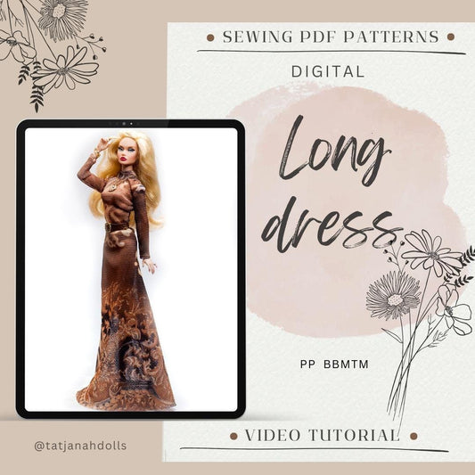 PDF Digital Pattern long dress for Poppy Parker and BB MTM dolls +Video sewing tutorial