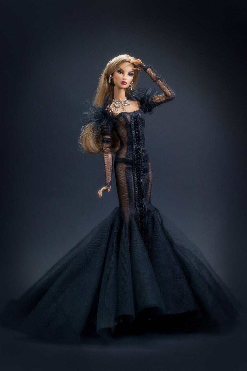 Black evening dress for Integrity toys Fashion Royalty Nu Face Poppy Parker dolls.