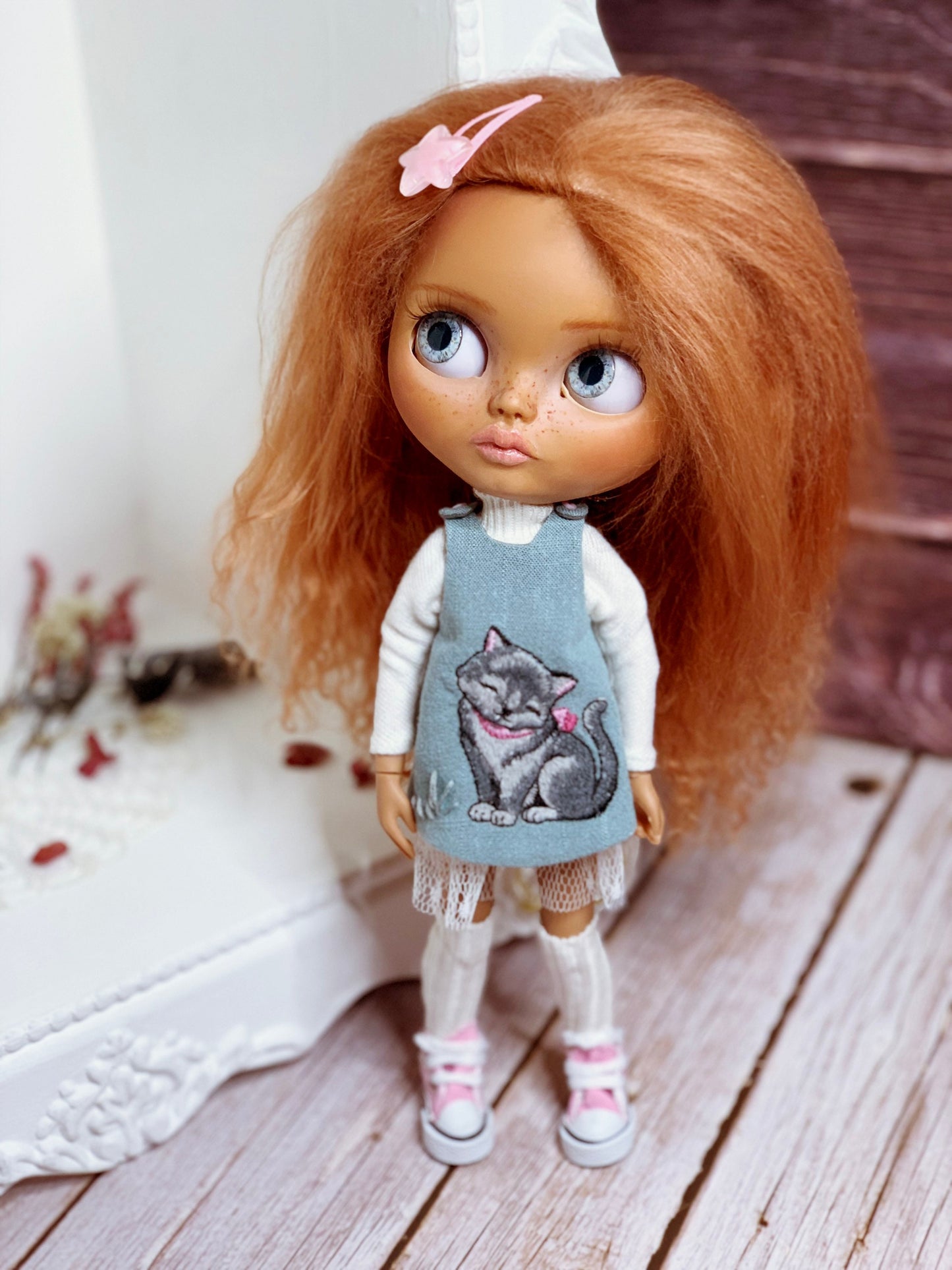 Dress for Blythe Doll 1/6 doll dress with embroidery. Turtleneck sweater, petticoat. Doll clothes.