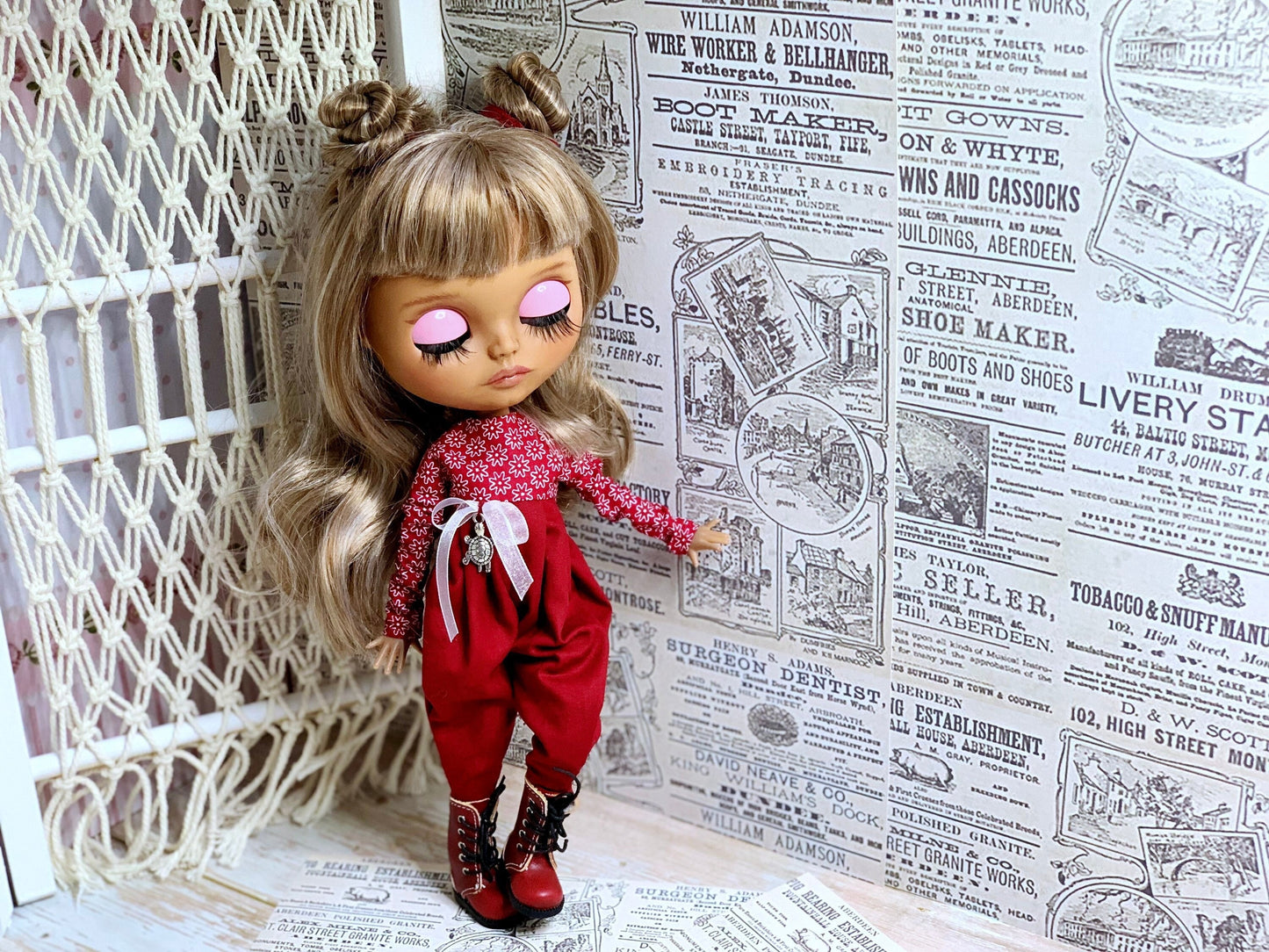Red jumpsuit for a 30 cm Blythe doll. Burgundy outfit for dolls.
