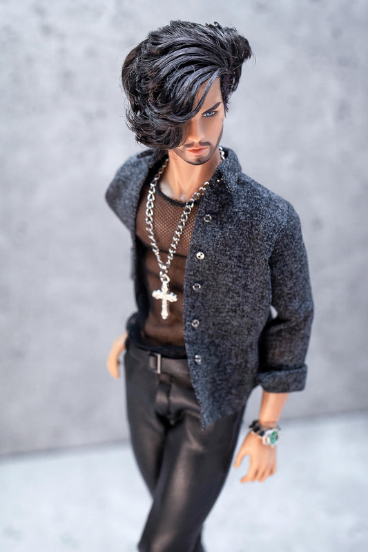 Leather outfit for FR Homme Integrity Toys male doll. Pants, mesh top, and shirt.