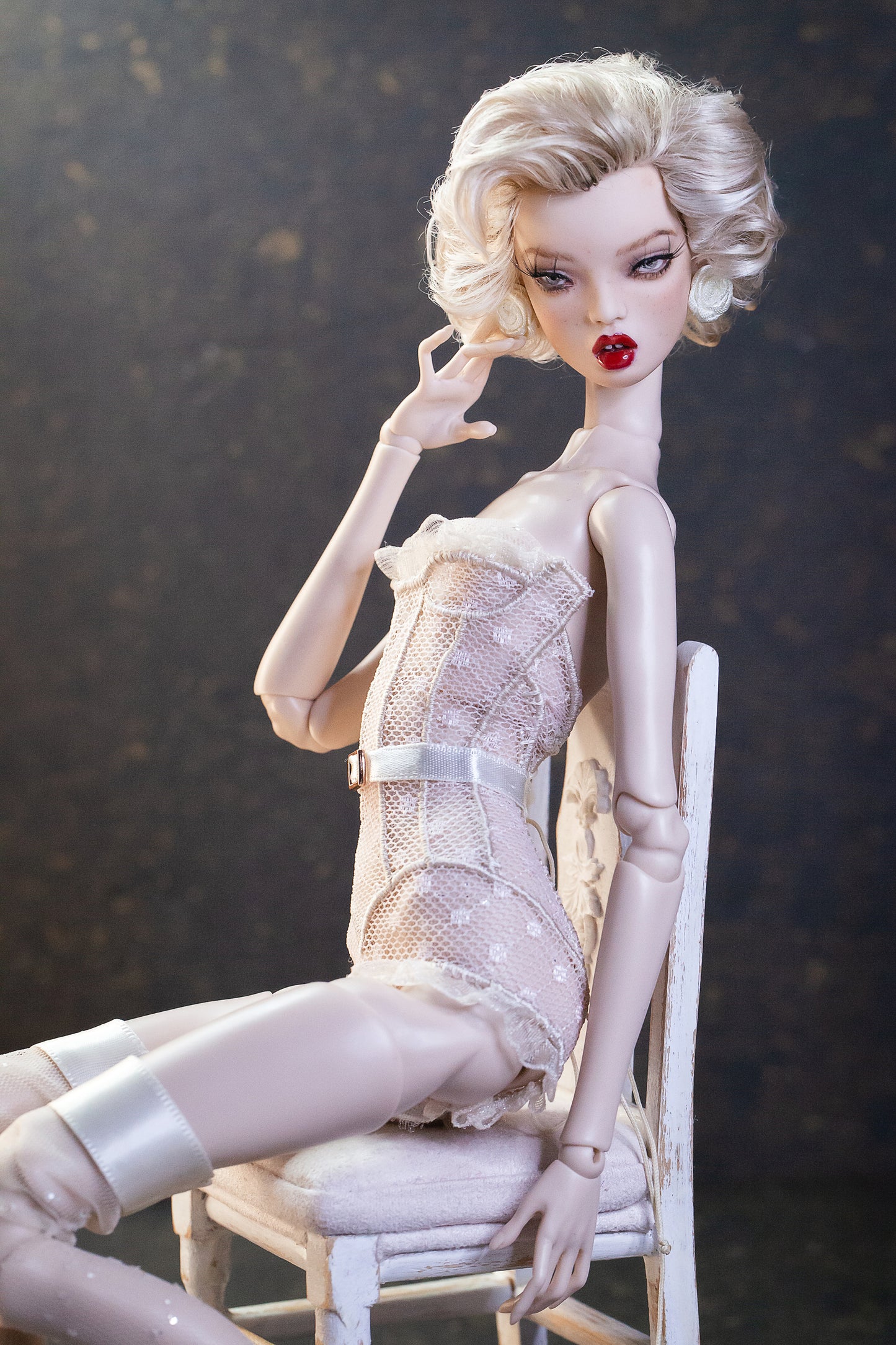 Edle Dessous für Popovy Sisters & Recast Puppen. Body Lingerie Corsage mit Strümpfen und Morgenmantel