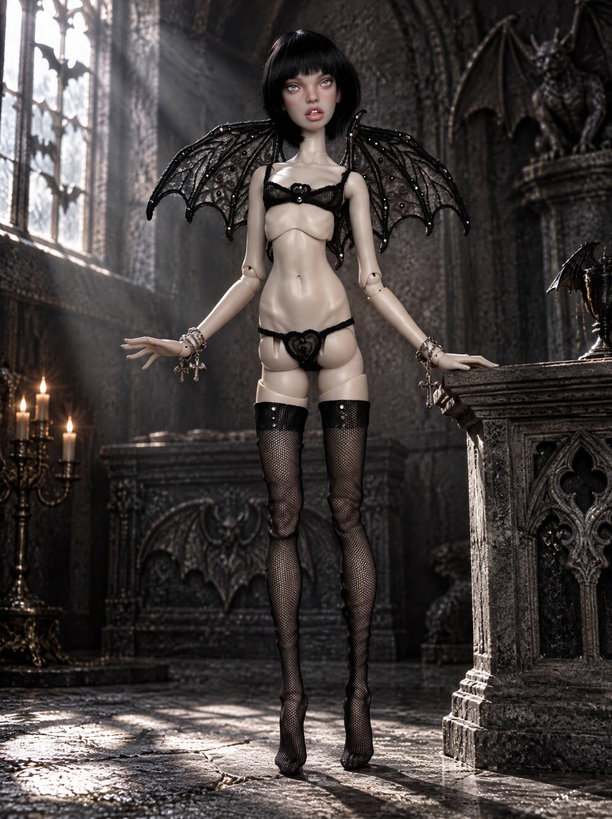 Edles Lingerie Set  Bustier + Höschen + Fledermaus Flügel + Strümpfe für Popovy Sisters Body Type IV  BJD 1/4 Puppen. (Kopie)