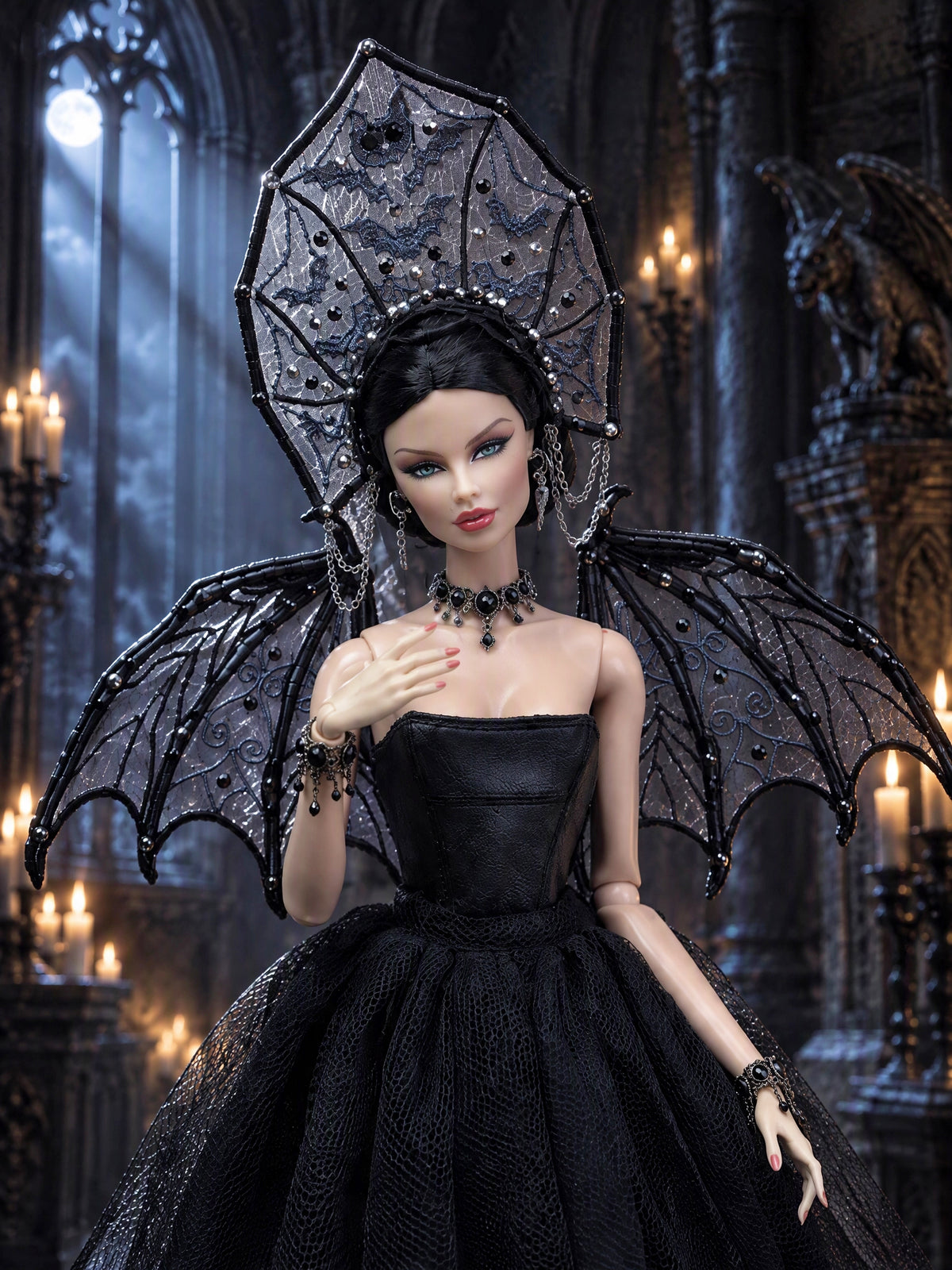 Digital Embroidery /embroidered halloween bats kokoshnik for  1/6  dolls +  Video Tutorial