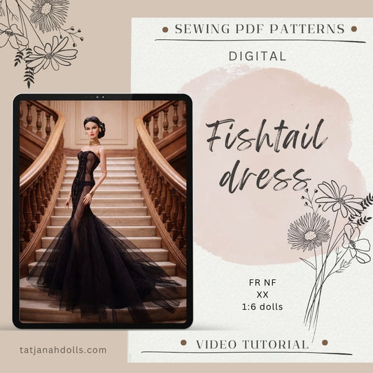 PDF Digital Pattern fishtail dress for Integity toys Fashion Royalty, Nu Face, Xian Xian dolls. VIDEO tutorial.