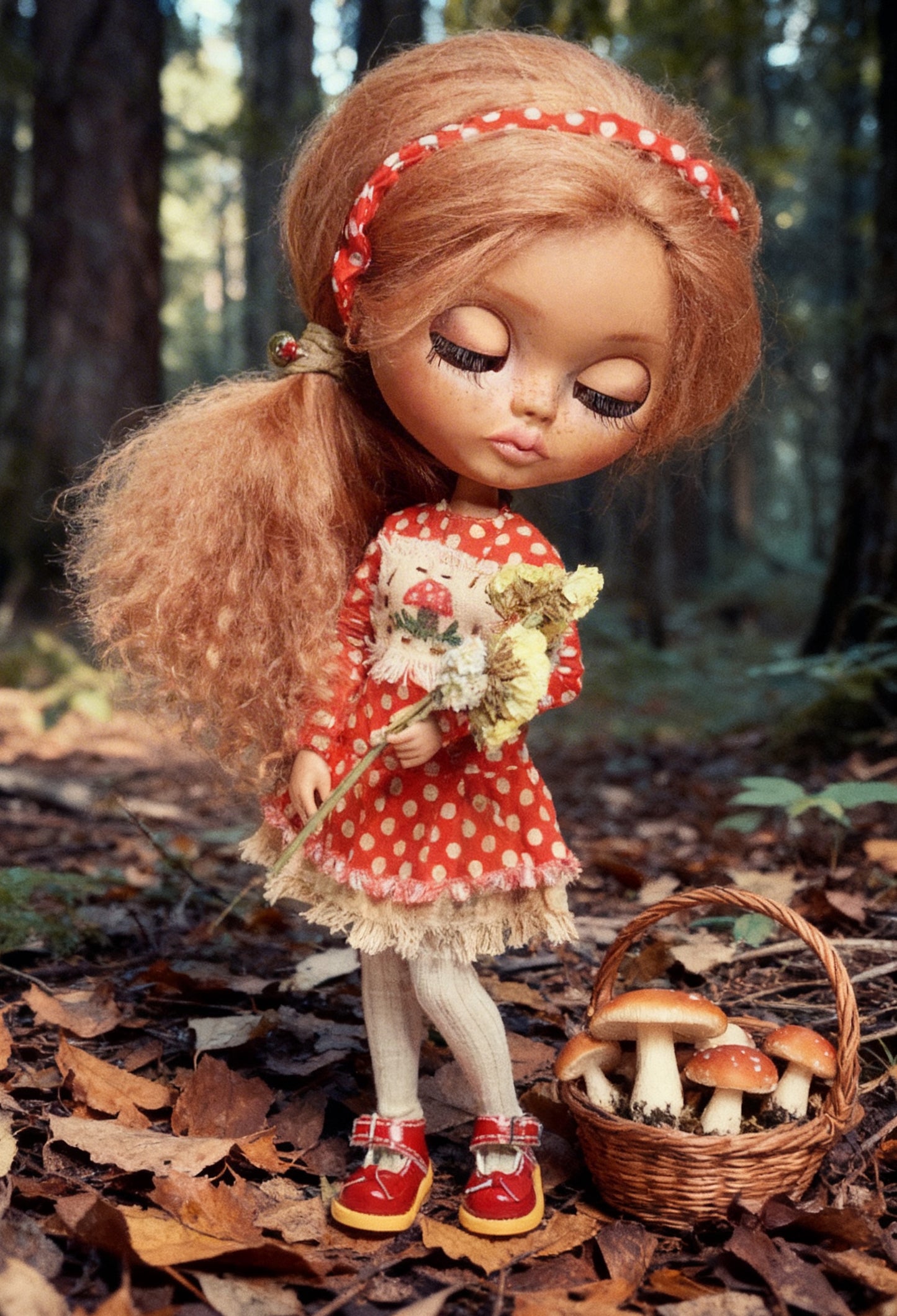 Kleid für Blythe  Doll 1/6 Puppenkleid rot gepunktet . Vintage Outfit Herbst für Puppe mit Pilz Stickerei.