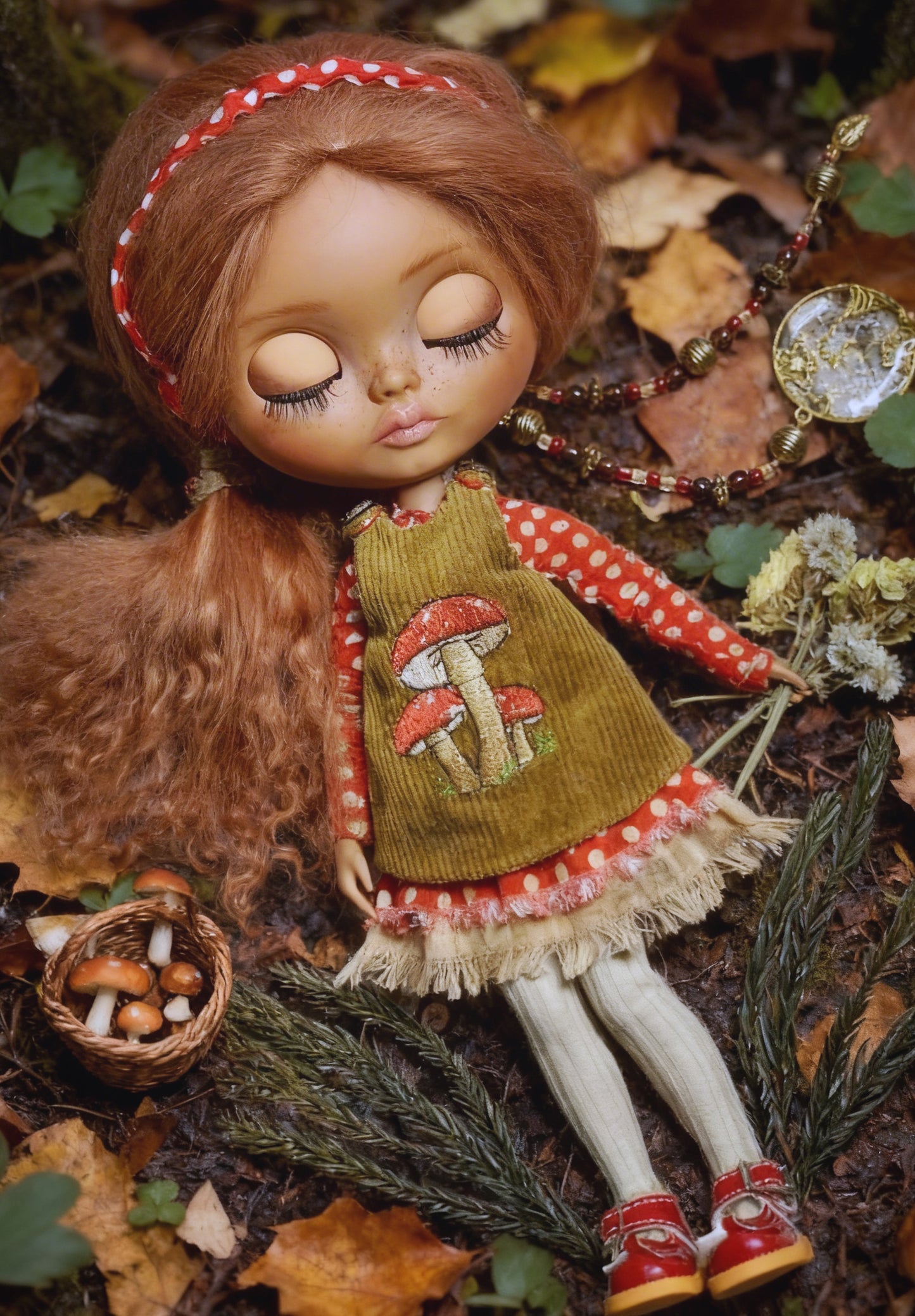 Kleid für Blythe  Doll 1/6 Puppenkleid rot gepunktet . Vintage Outfit Herbst für Puppe mit Pilz Stickerei.
