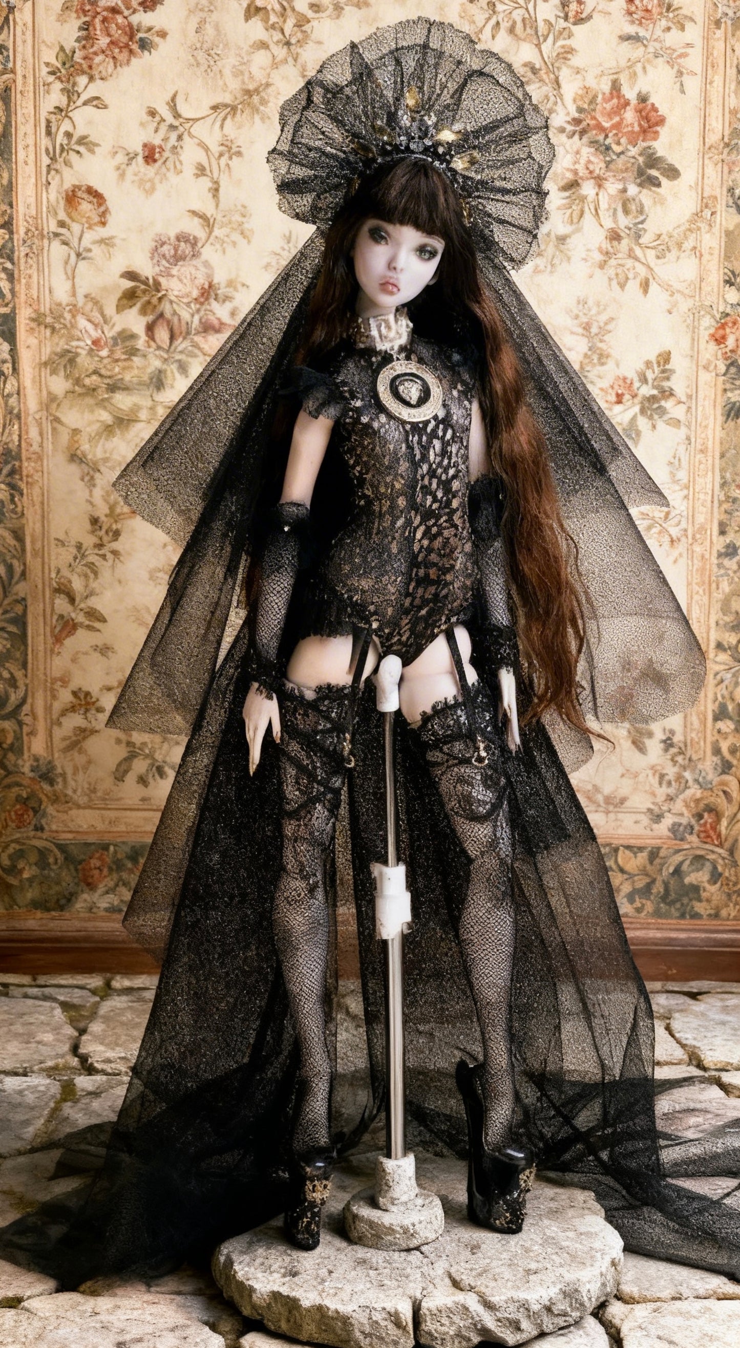 Einzelstück! Edles Gotik Outfit  schwarz- gold für Popovy Sisters VENUS BJD 1/4 Puppen.