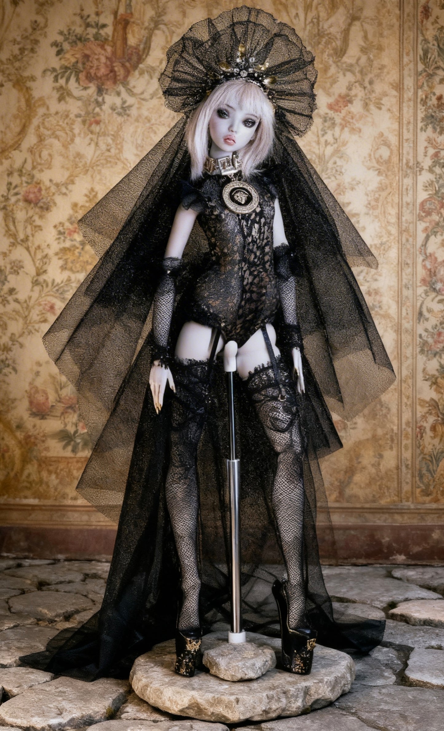 Einzelstück! Edles Gotik Outfit  schwarz- gold für Popovy Sisters VENUS BJD 1/4 Puppen.