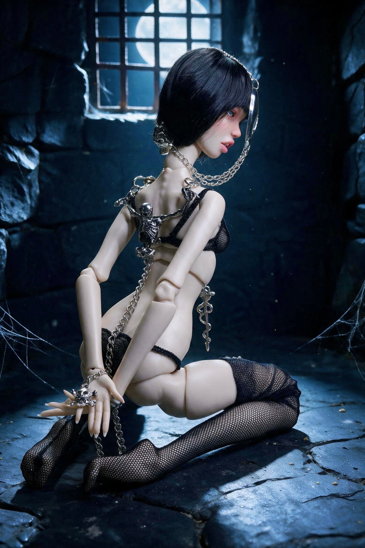 Edles Lingerie Set  Bustier + Höschen + Metallketten Elementen + Strümpfe für Popovy Sisters Body Type IV  BJD 1/4 Puppen