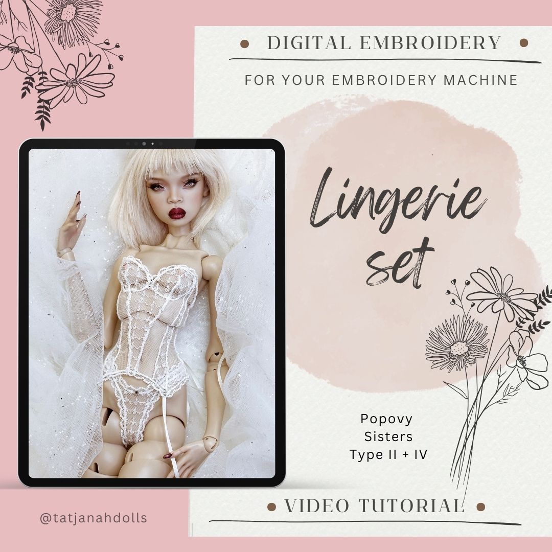 Digital Embroidery  – Lingerie set Corsett + Tanga for Popovy sisters dolls  Body Type II + IV  + PDF + Tutorial