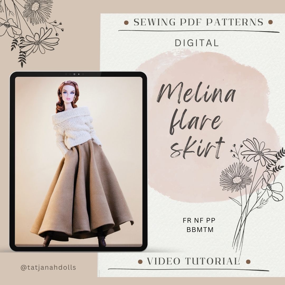 PDF Digital Pattern Melina flare skirt  Fashion Royalty, Nu Face, Poppy Parker, BBMTM dolls. + Video tutorial