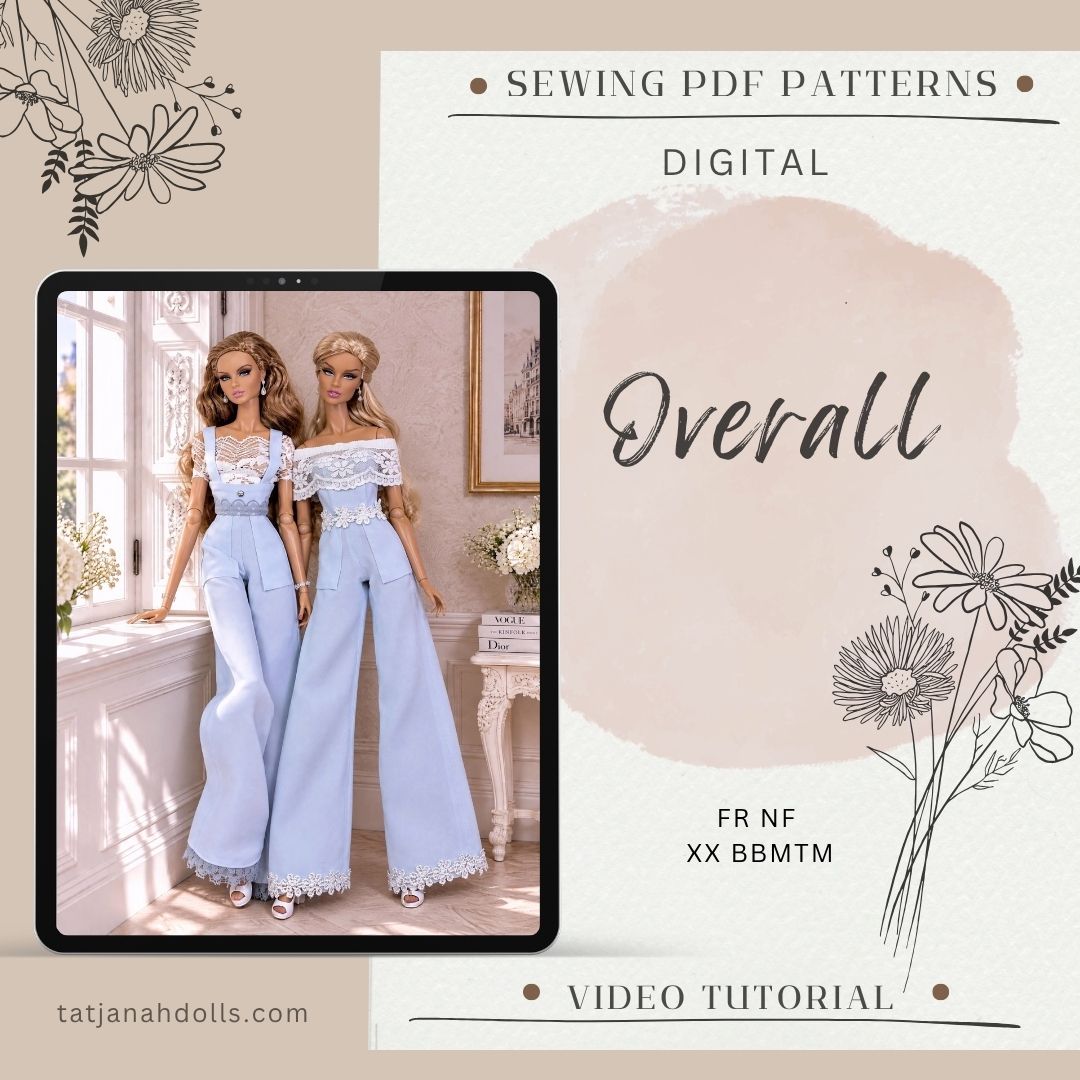 PDF Digital Pattern overall jump suit for Integrity toys Fashion Royalty, Nu Face, Xian Xian, BB MTM dolls + Video Tutorial