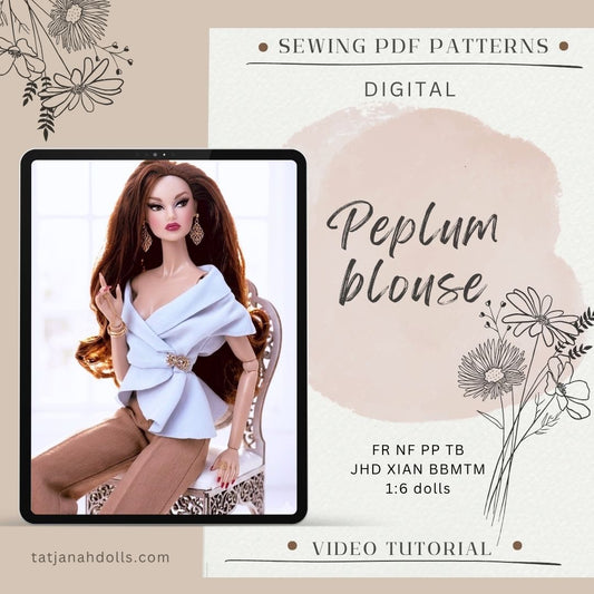 PDF Digital Pattern Peplum blouse for Integrity toys Fashion Royalty Nu Face Poppy Parker  BBMTM JHD Mizi Xian Xian dolls + Video Tutorial