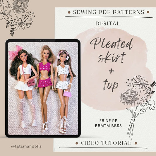 PDF Digital Pattern pleated skirt and top for Fashion Royalty, Nu Face, Poppy Parker, Integrity toys, BBMTM, BBSS dolls  + Video Tutorial